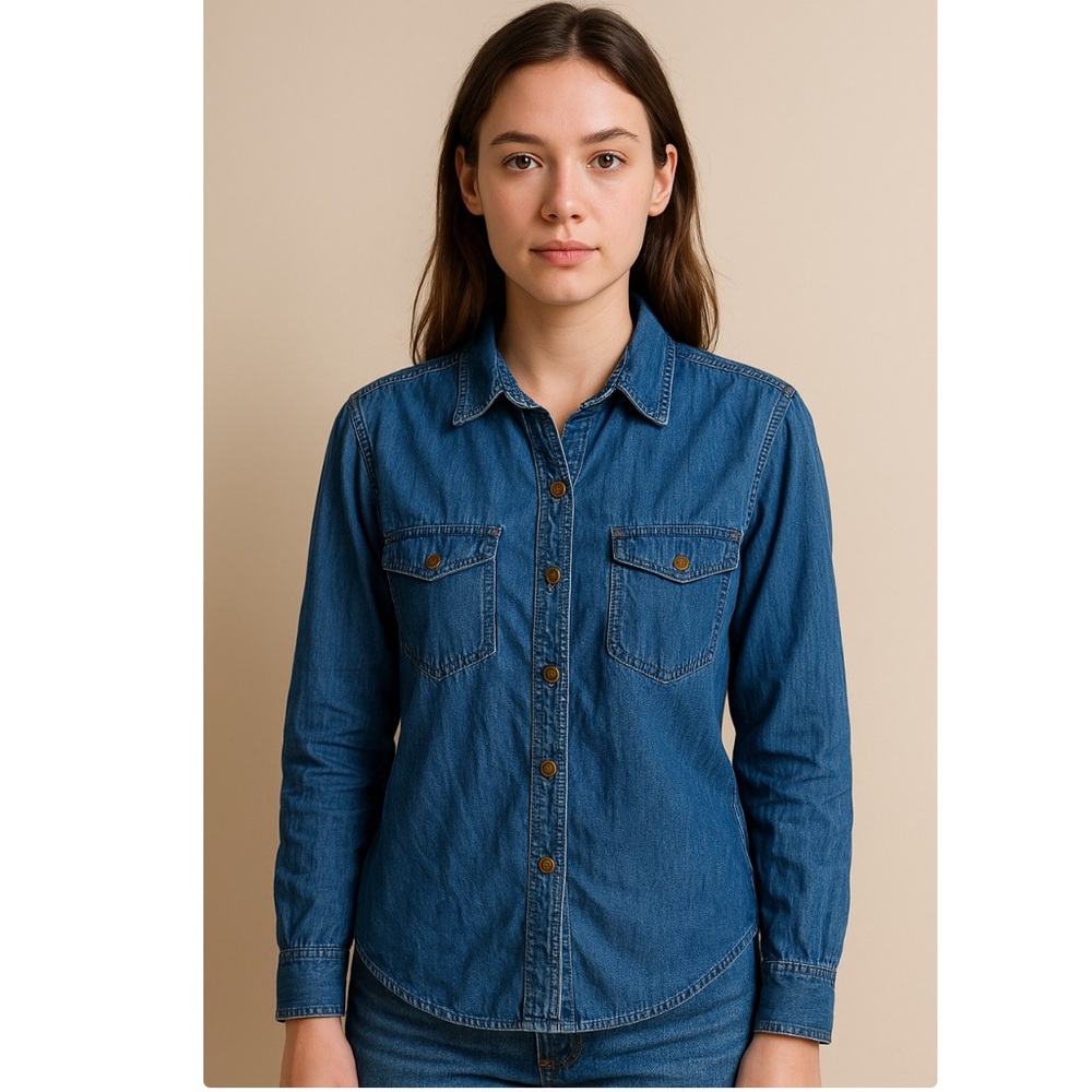 Roots Denim Shirt Woman Large Snap Collar Long Sleeve Cowgirl 100% Cotton FLAW - Picture 1 of 16